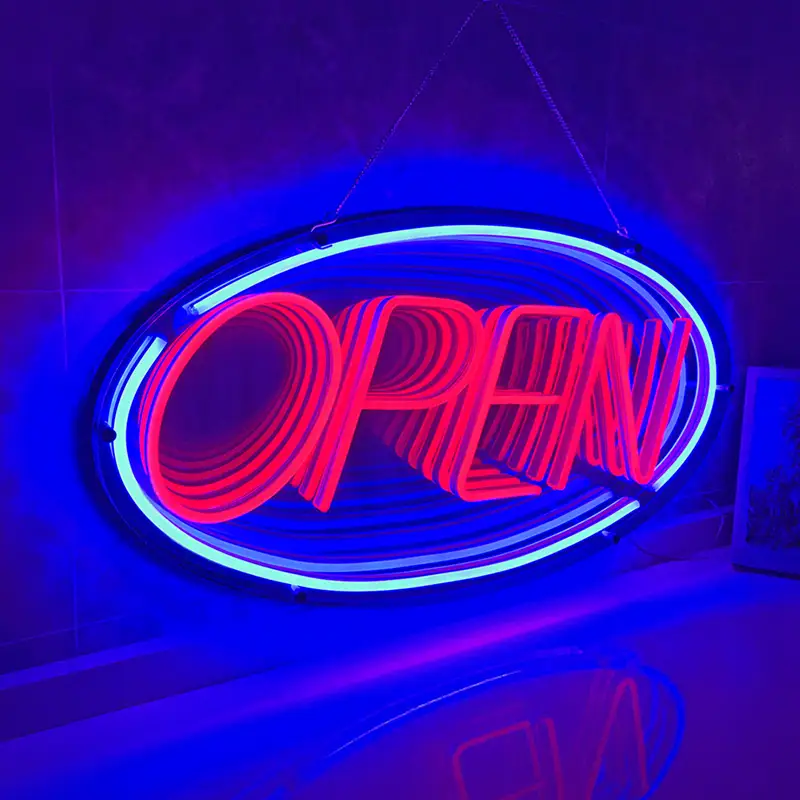 Rapid Shippment Stylish Blue Lighting Acrylic Backboard OPEN Neon Infinity Mirror for Commercial Usage 1