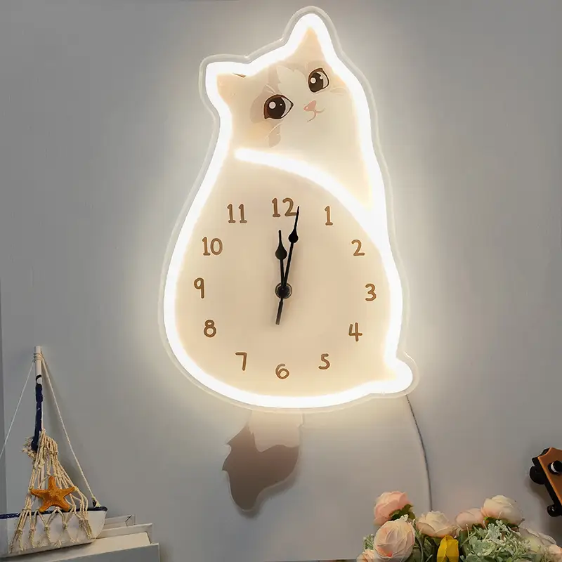 Customized Cute Cat Style Room Clock with Neon LED Light Design and Free Design Services 1
