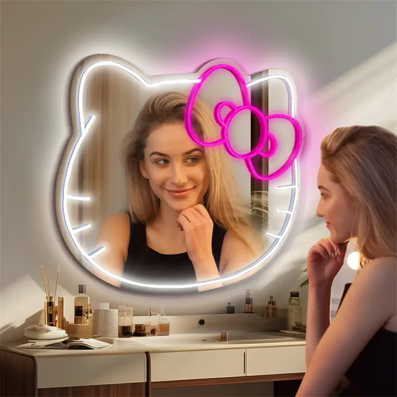 Stylish Anime Character Hello Kitty Shape White Lighting Color Dimmer Switch Neon Mirror for Bedroom 1