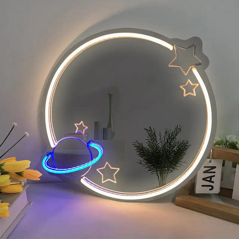 Mass Production Circle Universal Stylish Wall Mounted Silicone Strip Acrylic Neon Make-up Mirror for Wholesaler 1